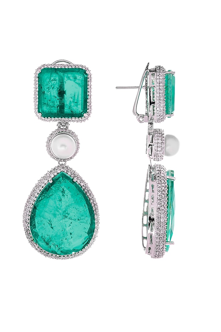 White Finish Green Doublet & CZ Stone Dangler Earrings by JOOLRY at Pernia's Pop Up Shop