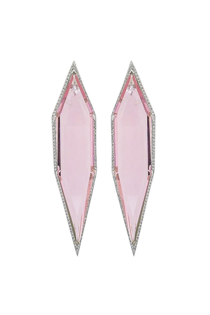 White Finish Cubic Zirconia & Pink Semi-Precious Stone Dangler Earrings by JOOLRY