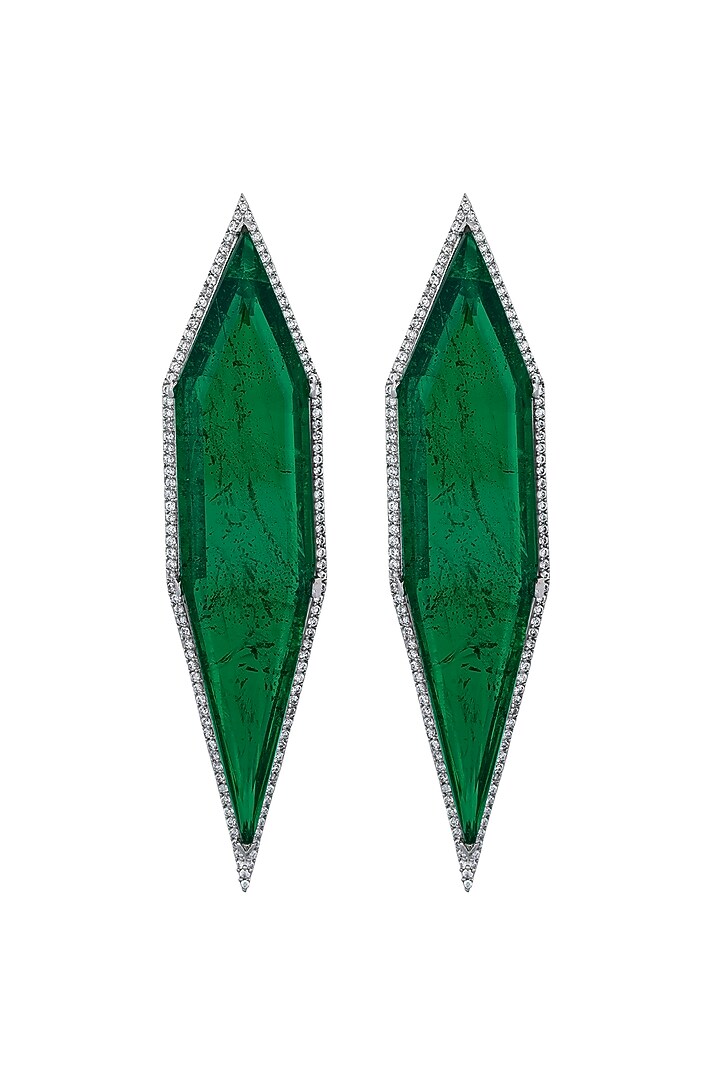 White Finish Cubic Zirconia & Green Semi-Precious Stone Dangler Earrings by JOOLRY at Pernia's Pop Up Shop