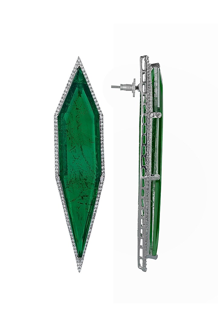 White Finish Cubic Zirconia & Green Semi-Precious Stone Dangler Earrings by JOOLRY at Pernia's Pop Up Shop