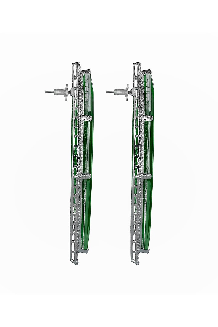 White Finish Cubic Zirconia & Green Semi-Precious Stone Dangler Earrings by JOOLRY at Pernia's Pop Up Shop