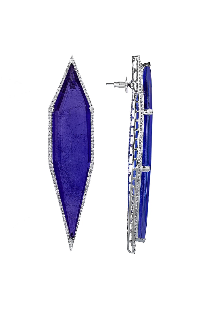 White Finish Cubic Zirconia & Blue Semi-Precious Stone Dangler Earrings by JOOLRY at Pernia's Pop Up Shop