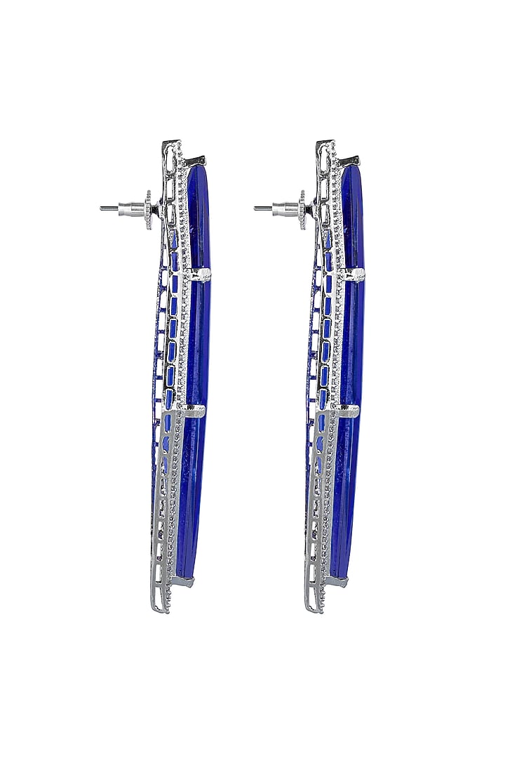 White Finish Cubic Zirconia & Blue Semi-Precious Stone Dangler Earrings by JOOLRY at Pernia's Pop Up Shop