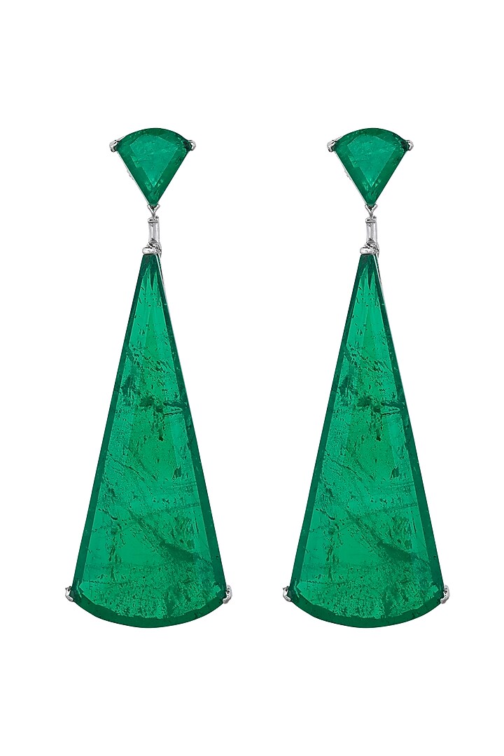 White Rhodium Finish Cubic Zirconia & Green Semi-Precious Stone Dangler Earrings by JOOLRY at Pernia's Pop Up Shop