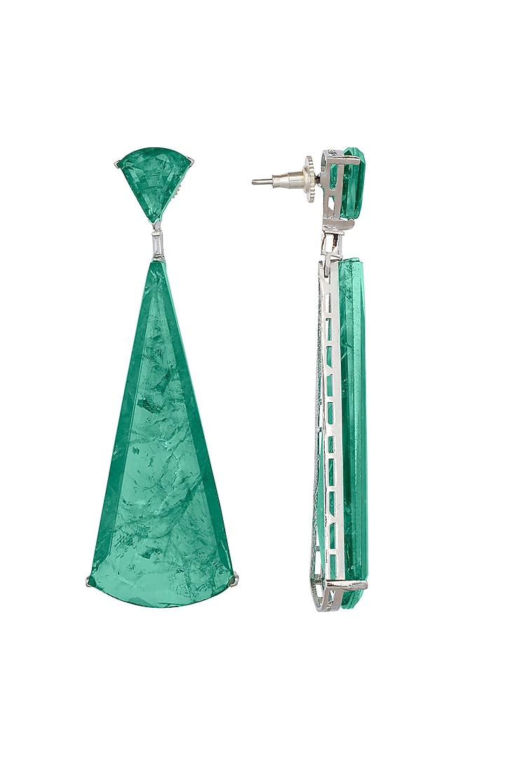 White Rhodium Finish Cubic Zirconia & Green Semi-Precious Stone Dangler Earrings by JOOLRY at Pernia's Pop Up Shop