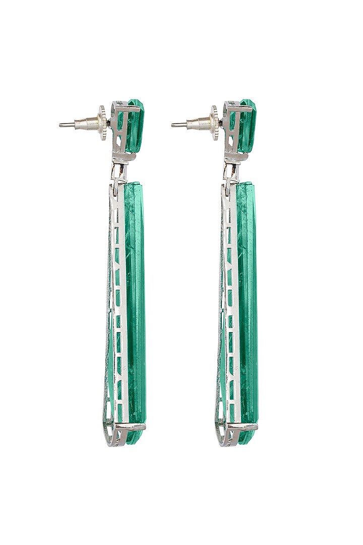 White Rhodium Finish Cubic Zirconia & Green Semi-Precious Stone Dangler Earrings by JOOLRY at Pernia's Pop Up Shop