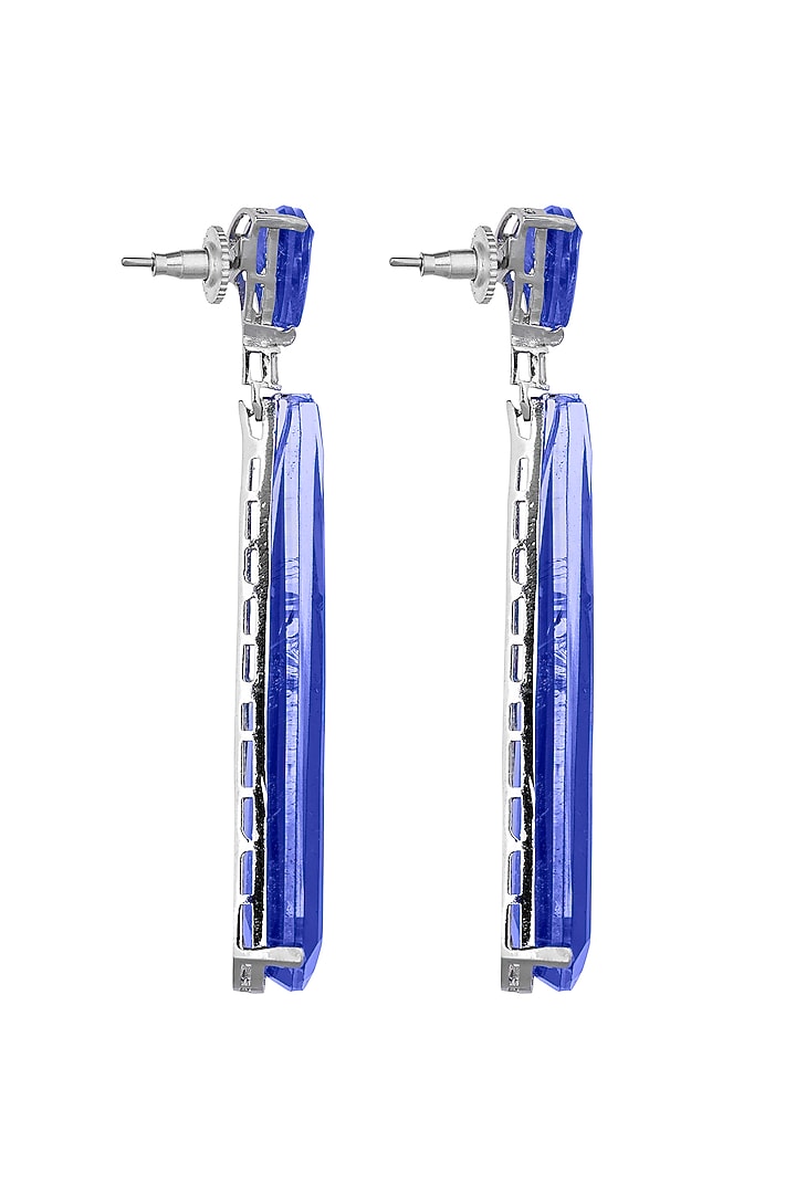 White Rhodium Finish Cubic Zirconia & Blue Semi-Precious Stone Dangler Earrings by JOOLRY at Pernia's Pop Up Shop