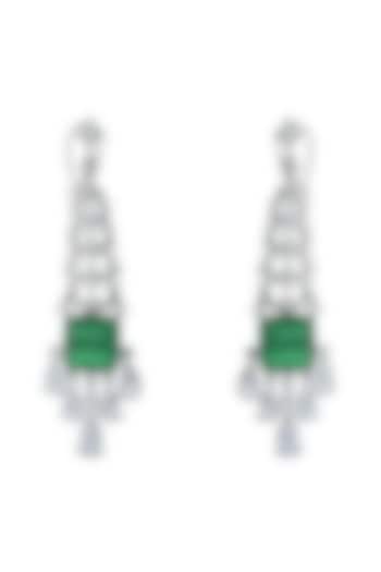 White Rhodium Finish Cubic Zirconia & Green Semi-Precious Stone Dangler Earrings by JOOLRY
