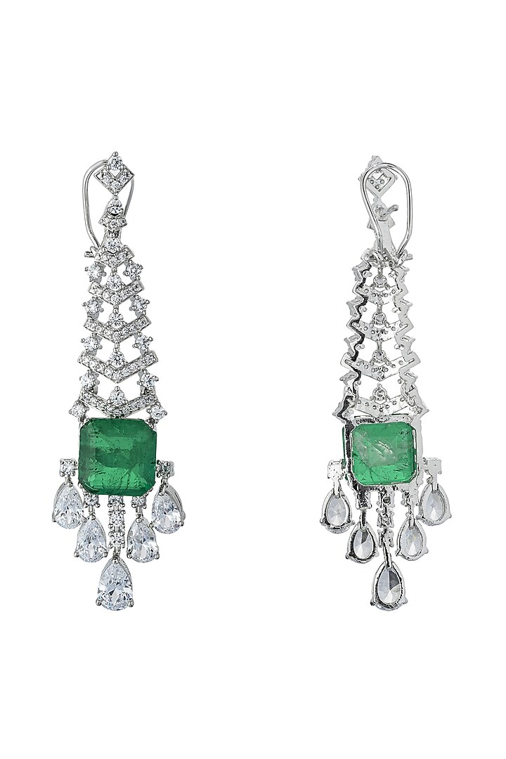 White Rhodium Finish Cubic Zirconia & Green Semi-Precious Stone Dangler Earrings by JOOLRY at Pernia's Pop Up Shop