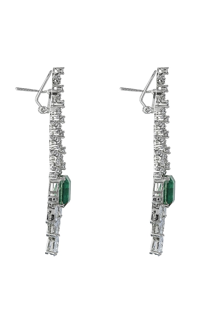White Rhodium Finish Cubic Zirconia & Green Semi-Precious Stone Dangler Earrings by JOOLRY at Pernia's Pop Up Shop