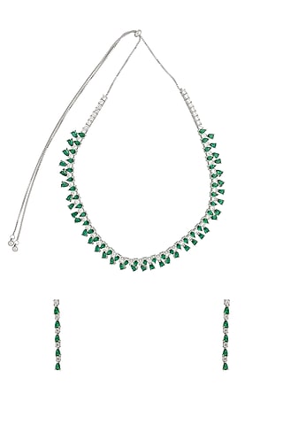 White Rhodium Finish Cubic Zirconia & Green Stone Necklace Set by JOOLRY