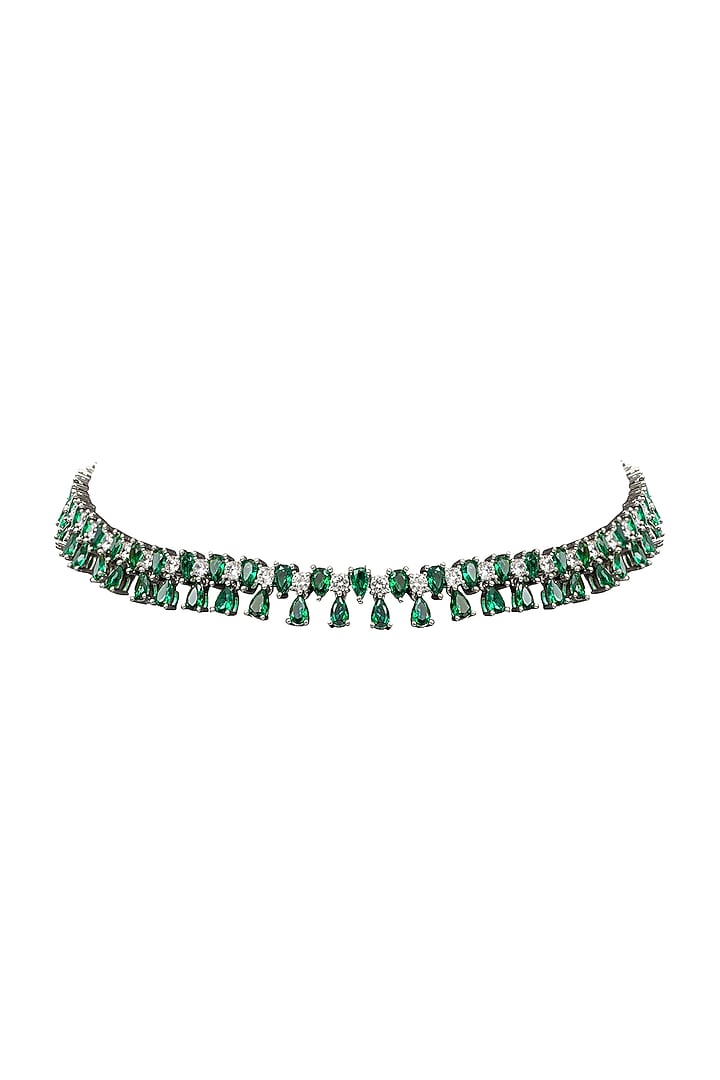 White Rhodium Finish Cubic Zirconia & Green Stone Necklace Set by JOOLRY at Pernia's Pop Up Shop