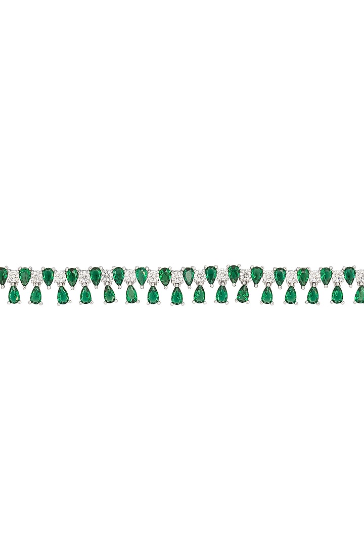 White Rhodium Finish Cubic Zirconia & Green Stone Necklace Set by JOOLRY at Pernia's Pop Up Shop