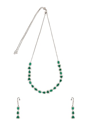 White Rhodium Finish Cubic Zirconia & Green Stone Necklace Set by JOOLRY