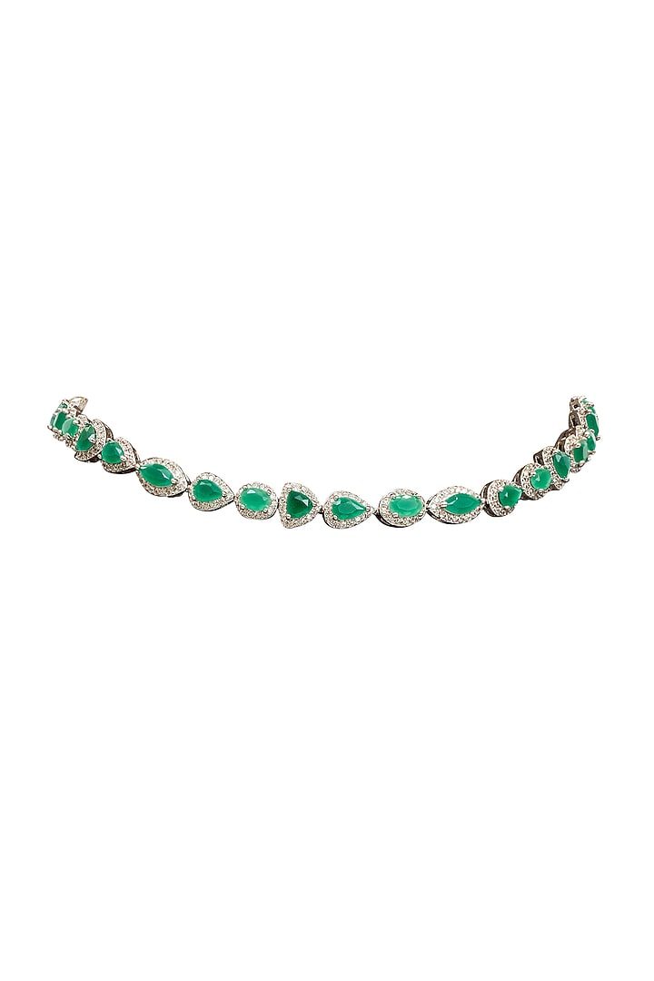 White Rhodium Finish Cubic Zirconia & Green Stone Necklace Set by JOOLRY at Pernia's Pop Up Shop