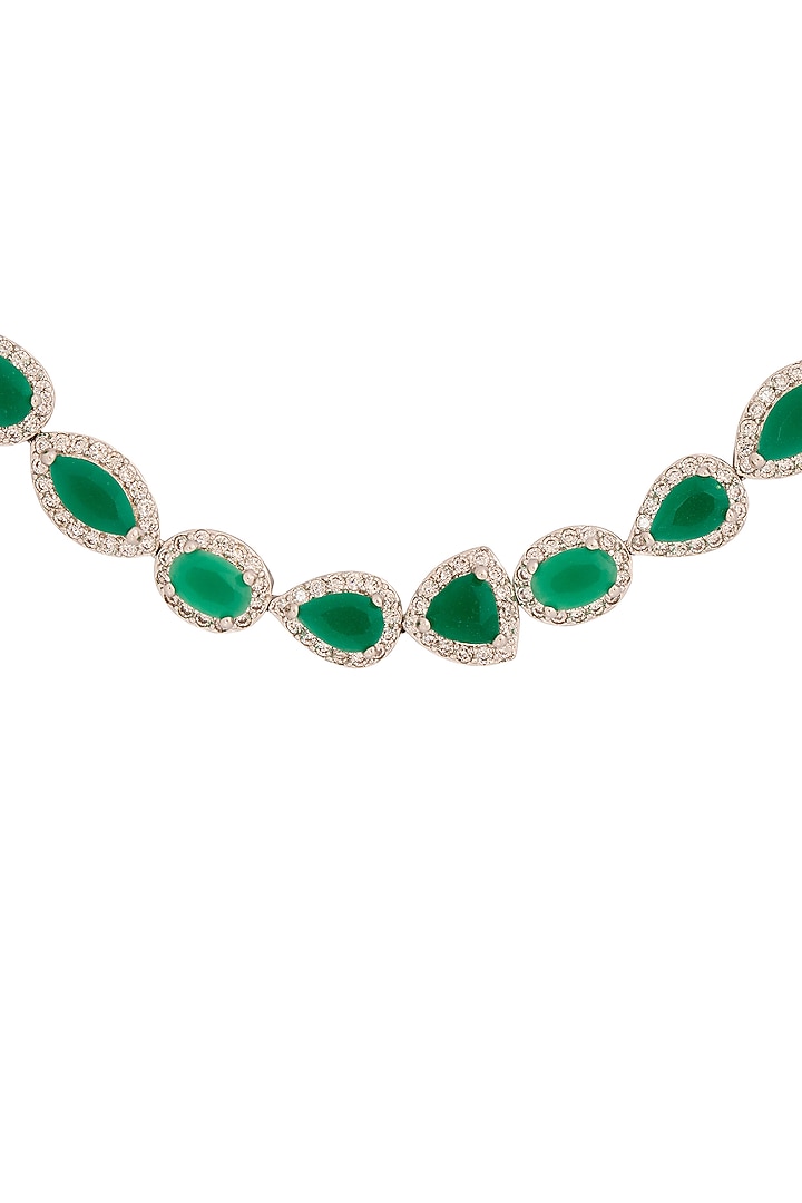 White Rhodium Finish Cubic Zirconia & Green Stone Necklace Set by JOOLRY at Pernia's Pop Up Shop