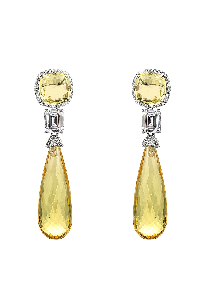 White Electro Rhodium Finish Zirconia & Yellow Stone Dangler Earrings by JOOLRY at Pernia's Pop Up Shop