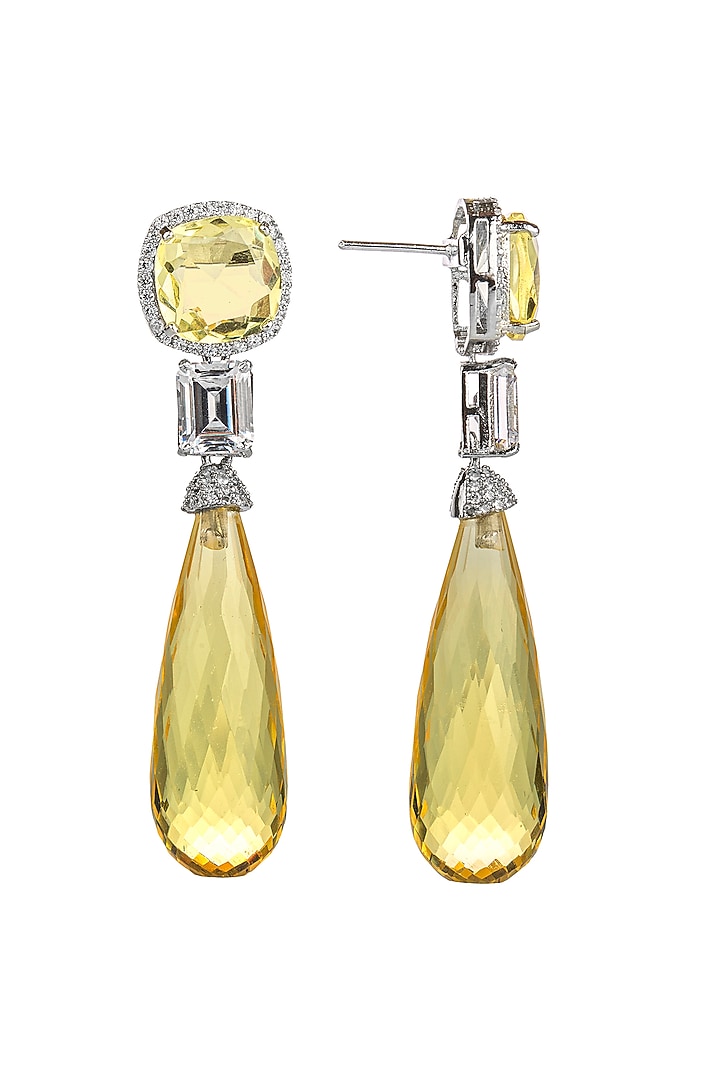 White Electro Rhodium Finish Zirconia & Yellow Stone Dangler Earrings by JOOLRY at Pernia's Pop Up Shop