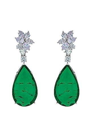 White Finish Zircon & Green Doublet Stone Dangler Earrings by JOOLRY