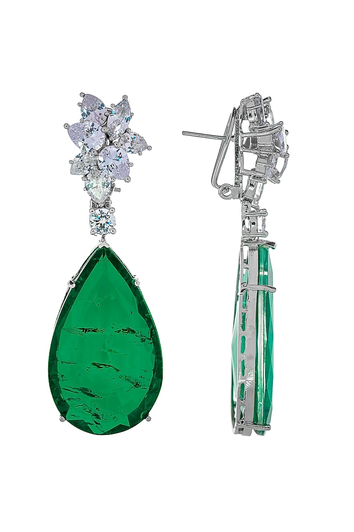 White Finish Zircon & Green Doublet Stone Dangler Earrings by JOOLRY at Pernia's Pop Up Shop