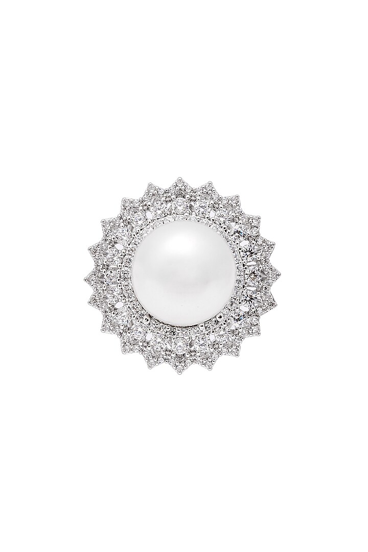 White Finish Cubic Zirconia & Pearl Ring by JOOLRY at Pernia's Pop Up Shop