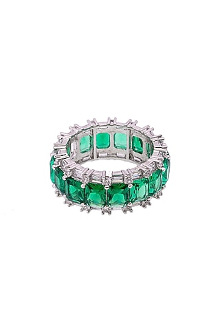 White Electro Rhodium Finish Cubic Zirconia & Green Stone Ring by JOOLRY