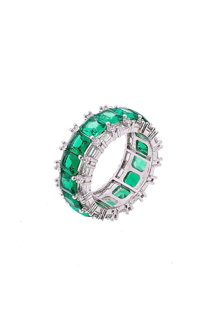 White Electro Rhodium Finish Cubic Zirconia & Green Stone Ring by JOOLRY at Pernia's Pop Up Shop
