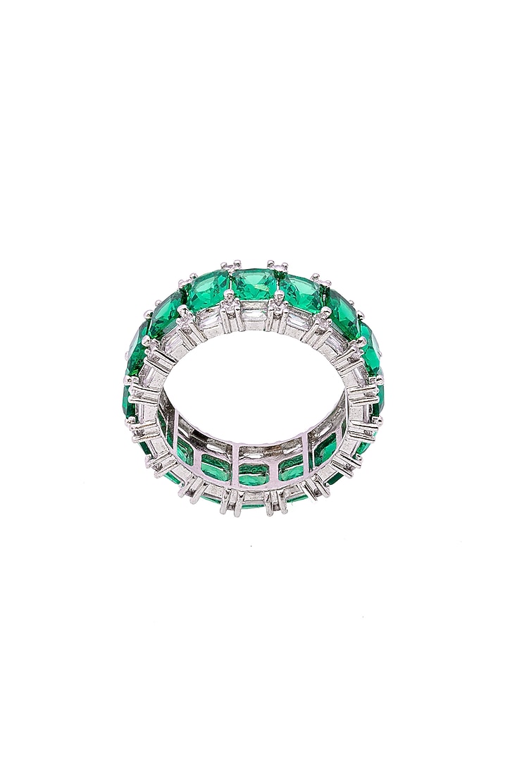 White Electro Rhodium Finish Cubic Zirconia & Green Stone Ring by JOOLRY at Pernia's Pop Up Shop