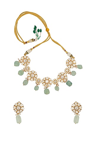 Gold Finish Moissanite Polki & Fluorite Drop Necklace Set In Sterling Silver by JOOLRY