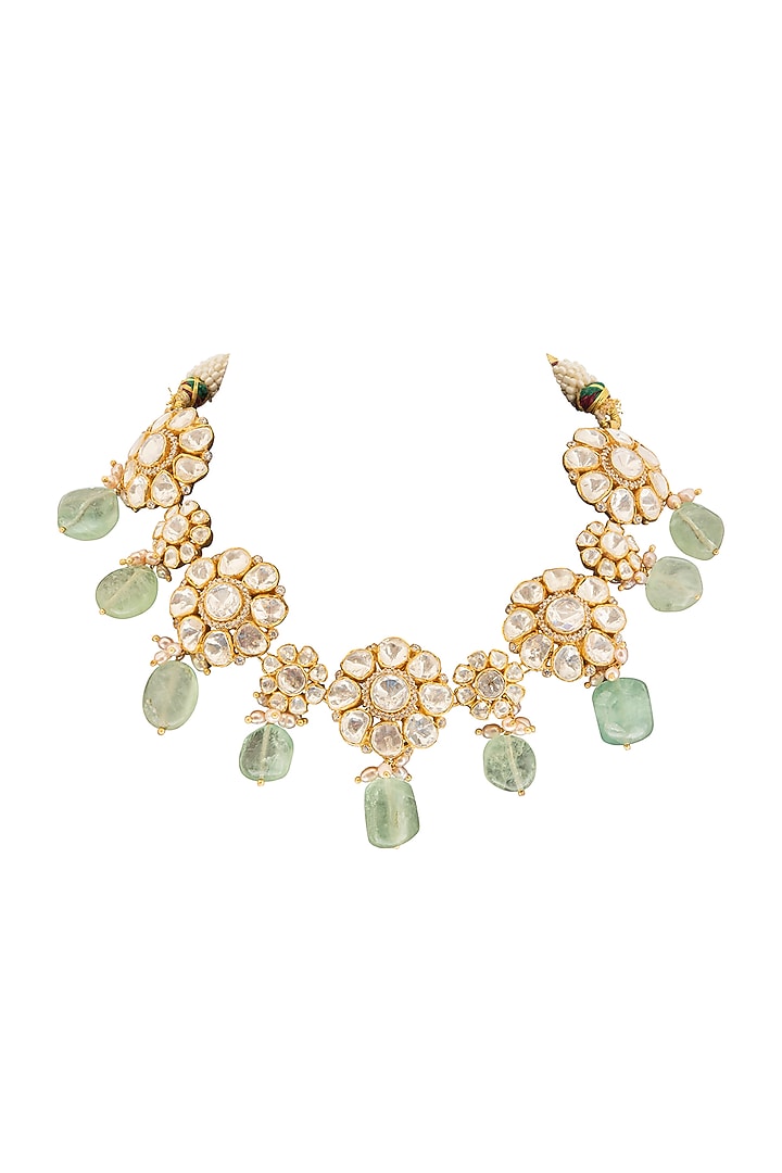 Gold Finish Moissanite Polki & Fluorite Drop Necklace Set In Sterling Silver by JOOLRY at Pernia's Pop Up Shop