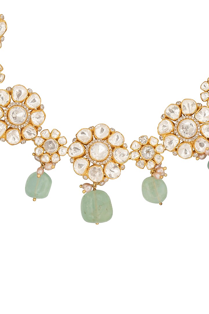 Gold Finish Moissanite Polki & Fluorite Drop Necklace Set In Sterling Silver by JOOLRY at Pernia's Pop Up Shop