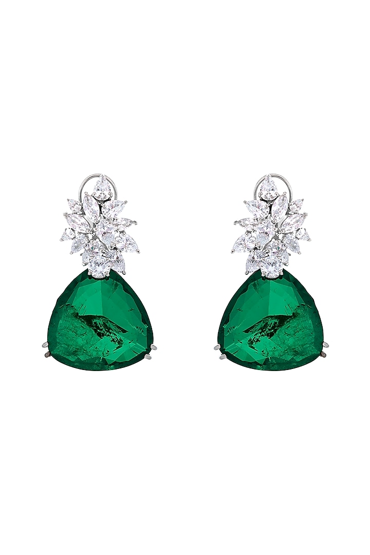 White Rhodium Finish Zirconia & Emerald Stone Triangular Drop Earrings by JOOLRY