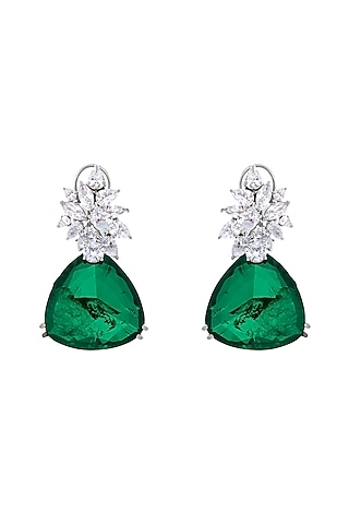 White Rhodium Finish Zirconia & Emerald Stone Triangular Drop Earrings by JOOLRY