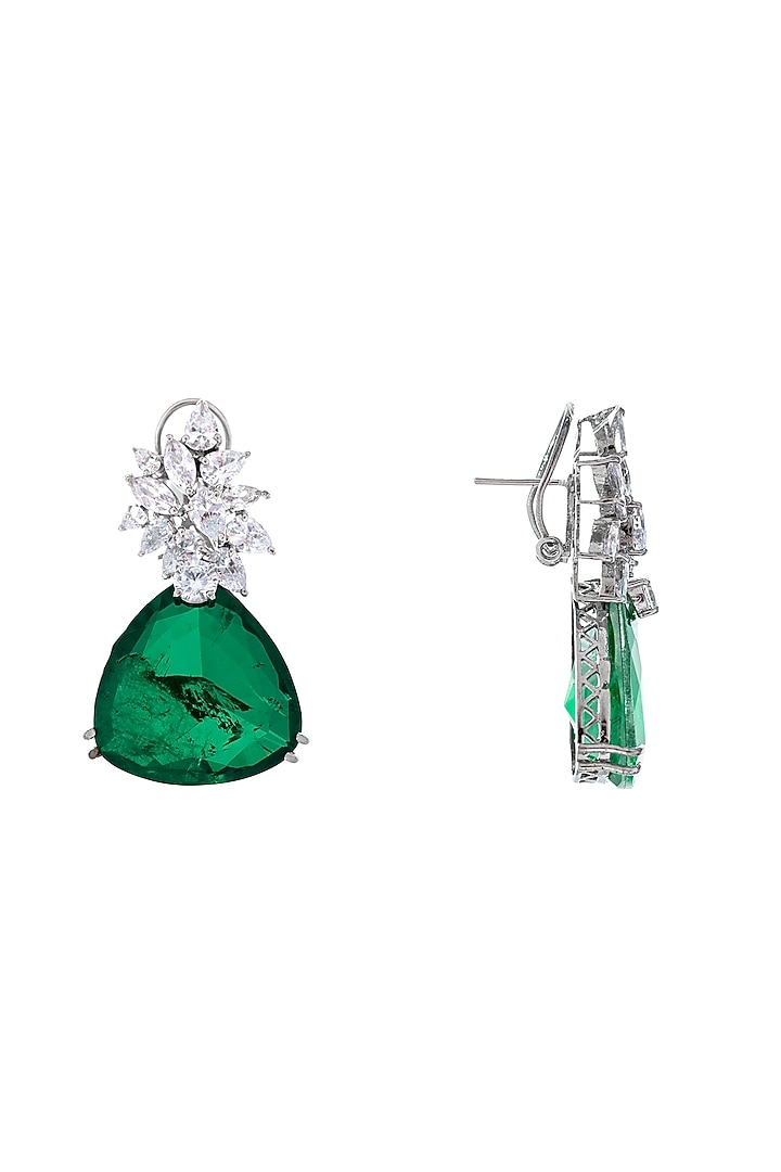 White Rhodium Finish Zirconia & Emerald Stone Triangular Drop Earrings by JOOLRY at Pernia's Pop Up Shop
