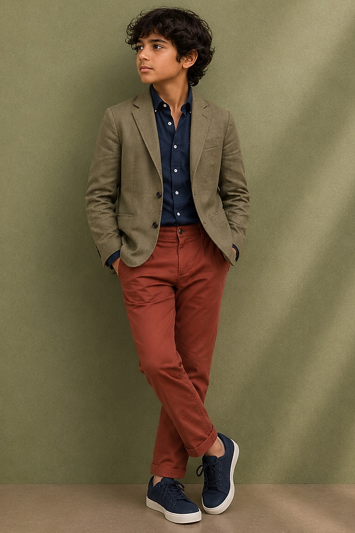 Olive Green Linen Blazer Set For Boys by Jorah Kids at Pernia's Pop Up Shop