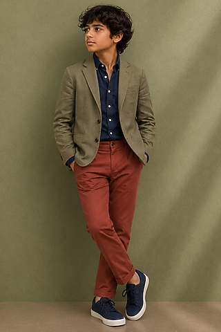 Olive Green Linen Blazer Set For Boys by Jorah Kids
