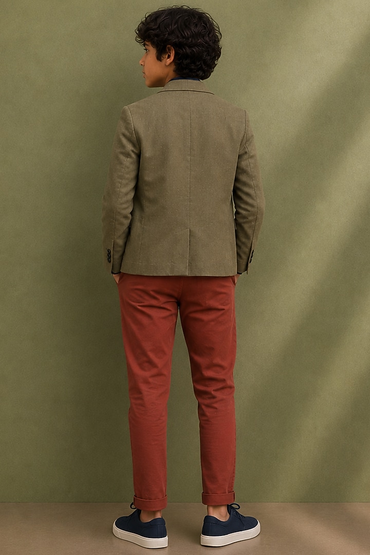 Olive Green Linen Blazer Set For Boys by Jorah Kids at Pernia's Pop Up Shop