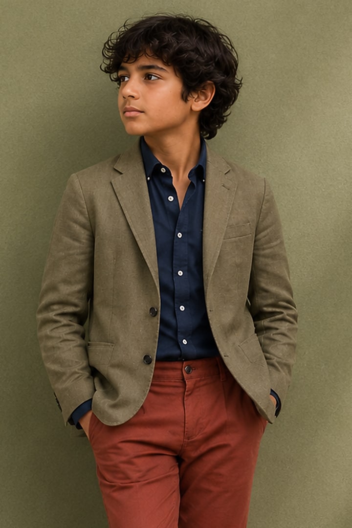 Olive Green Linen Blazer Set For Boys by Jorah Kids at Pernia's Pop Up Shop
