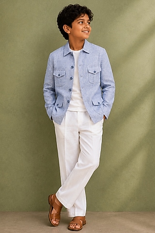 Sky Blue Linen Blazer Set For Boys by Jorah Kids