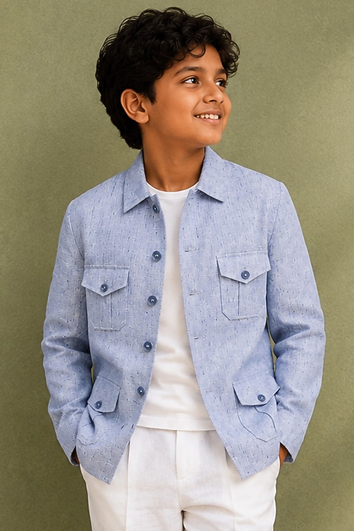 Sky Blue Linen Blazer Set For Boys by Jorah Kids at Pernia's Pop Up Shop