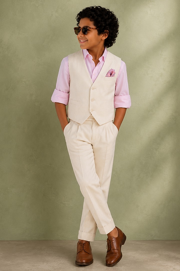 Ivory Linen Waistcoat Set For Boys by Jorah Kids at Pernia's Pop Up Shop