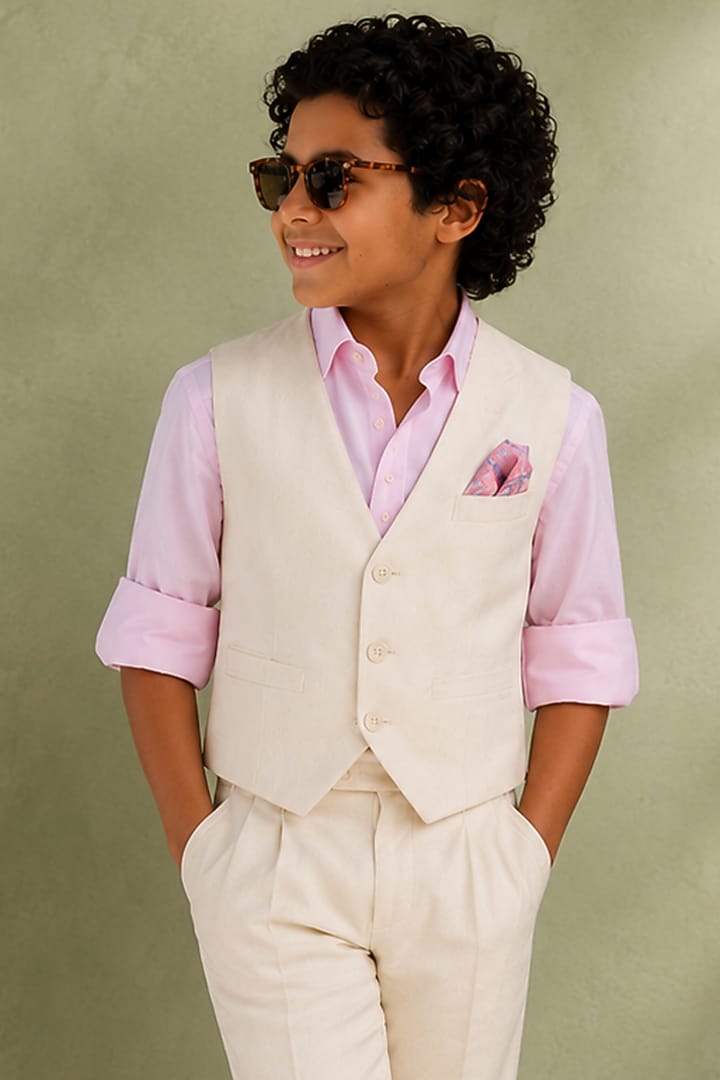 Ivory Linen Waistcoat Set For Boys by Jorah Kids at Pernia's Pop Up Shop