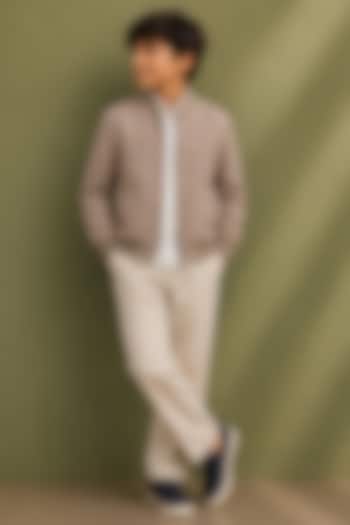 Beige Cotton Bomber Jacket Set For Boys by Jorah Kids at Pernia's Pop Up Shop