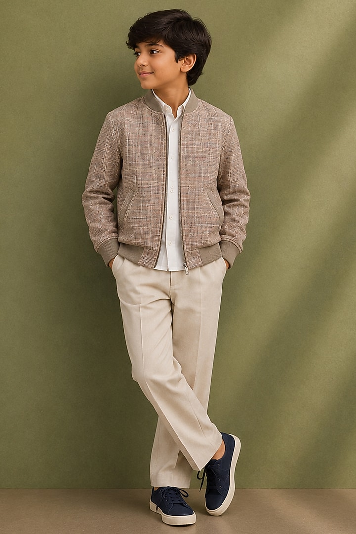 Beige Cotton Bomber Jacket Set For Boys by Jorah Kids at Pernia's Pop Up Shop