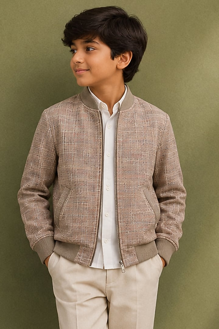 Beige Cotton Bomber Jacket Set For Boys by Jorah Kids at Pernia's Pop Up Shop