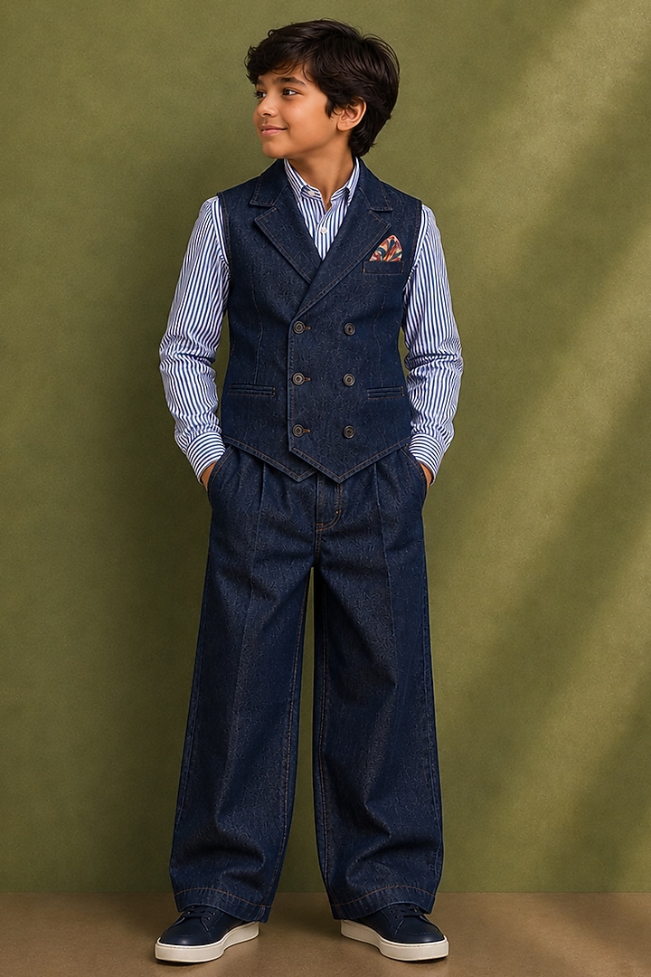 Navy Denim Waistcoat Set For Boys by Jorah Kids at Pernia's Pop Up Shop