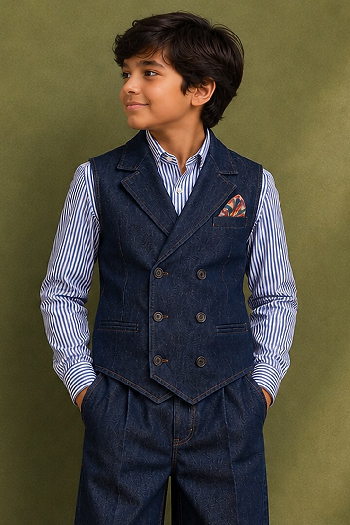 Navy Denim Waistcoat Set For Boys by Jorah Kids at Pernia's Pop Up Shop