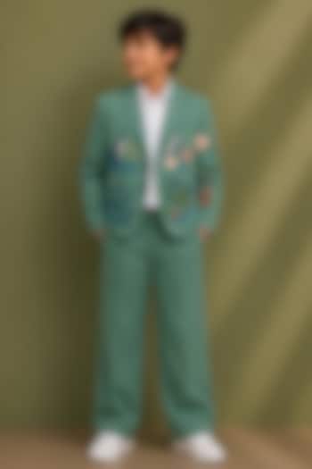 Sage Green Cotton Embroidered Blazer Set For Boys by Jorah Kids at Pernia's Pop Up Shop