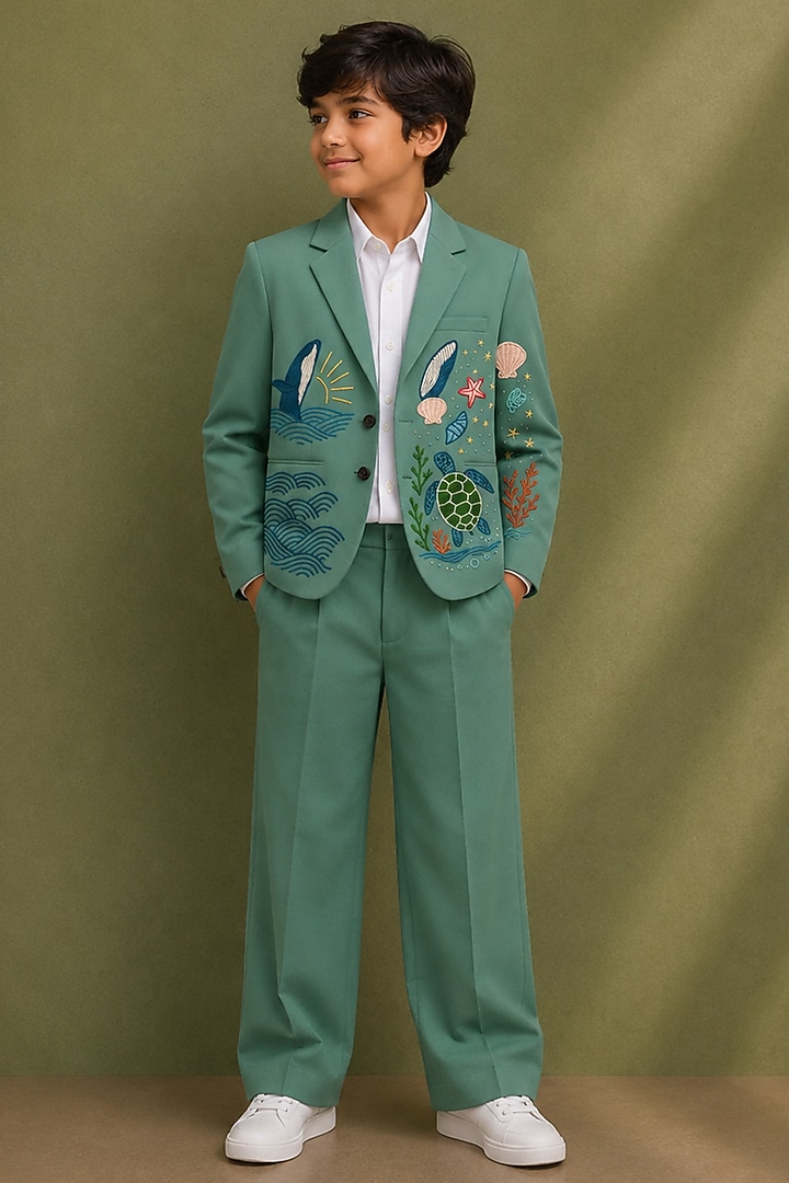 Sage Green Cotton Embroidered Blazer Set For Boys by Jorah Kids at Pernia's Pop Up Shop