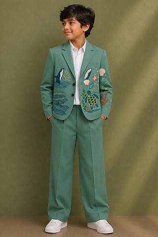 Sage Green Cotton Embroidered Blazer Set For Boys by Jorah Kids
